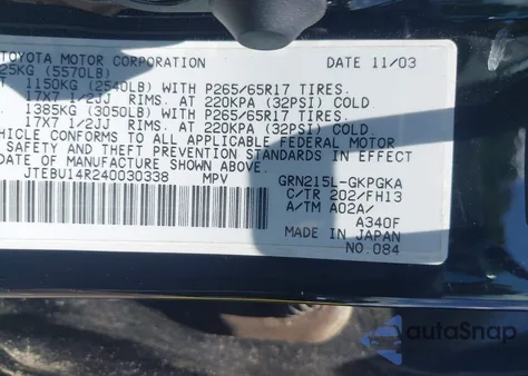 2004 Toyota 4Runner Sr5 Sport from USA, damaged, VIN JTEBU14R240030338